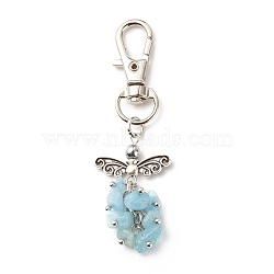 Natural Aquamarine Beaded Cluster Pendant Decorates, with Swivel Clasps, Lobster Clasp Charms, Clip-on Charms, for Keychain, Purse, Backpack Ornament, Stitch Marker, Wings, 67~68mm(HJEW-JM00697-03)