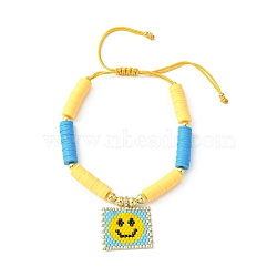 MIYUKI Glass Seed Rectangle Charm Bracelet, Adjustable Polymer Clay Heishi Surfer Preppy Bracelet, Smiling Face, Inner Diameter: 2~4 inch(5~10cm), Pendant: 25x24mm(BJEW-MZ00037-05)