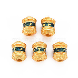 Rack Plating Alloy Enamel Beads, Cadmium Free & Nickel Free & Lead Free, Matte Gold Color, Column with Word Om Mani Padme Hum, for Buddhist, Dark Green, 13x10mm, Hole: 3mm(ENAM-N056-009)