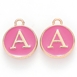 Golden Plated Alloy Enamel Charms, Cadmium Free & Lead Free, Enamelled Sequins, Flat Round with Letter, Camellia, Letter.A, 14x12x2mm, Hole: 1.5mm(ENAM-S118-08A)