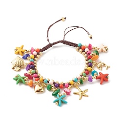 Ocean Animal Theme Braided Bead Bracelet, Synthetic Turquoise & Natural Chip Shell & Glass Beads Bracelet, Starfish & Heart & Dolphin Drop Charm Bracelet for Women, Colorful, Inner Diameter: 2~3.43 inch(5.2~8.7cm)(X-BJEW-JB07285)