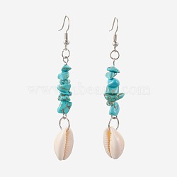 Chip Synthetic Turquoise Dangle Earrings, with Cowrie Shell and Brass Earring Hooks, Platinum, 74~76.5mm, Pin: 1mm(EJEW-JE02913-03)
