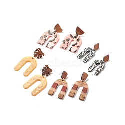 Resin & Walnut Wood Arch Dangle Earrings, 304 Steel Big Drop Earrings for Women, Mixed Color, 52.5~63mm, Pin: 0.7mm(EJEW-JE04876)