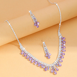 Alloy Rhinestone Teardrop Tassel Necklaces & Stud Earrings Sets, Violet, Necklace: 12.20 inch(31cm)(FS-WG9D3B7-01)