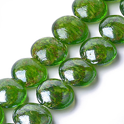 Handmade Gold Sand Lampwork Beads Strand, Flat Round, Green, 18.5~20x20~21x10~12mm, Hole: 1.5mm, about 19pcs/strand, 14.4 inch~14.5 inch(X-LAMP-S192-02B)