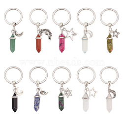 Bullet Gemstone Pendant Keychain, with Moon & Star Alloy Pendants and 304 Stainless Steel Keychain Clasp, 8cm, 10pcs/set(KEYC-AB00010)