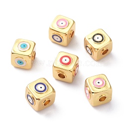 Brass Enamel Beads, Long-Lasting Plated, Cube with Eye, Mixed Color, 10x10x10mm, Hole: 3mm(KK-P204-05G)