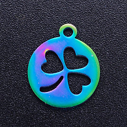 Ion Plating(IP) 201 Stainless Steel Charms, Flat Round with Clover, Rainbow Color, 14x12x1mm, Hole: 1.5mm(STAS-Q201-JN200)