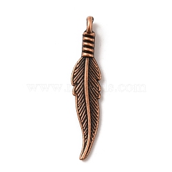 Tibetan Style Alloy Pendants, Feather, Red Copper, 31.5x6.5x4mm, Hole: 2mm(FIND-WH0114-53R)