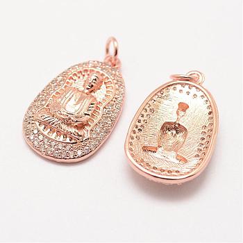 Brass Micro Pave Grade AAA Cubic Zirconia Pendants, Long-Lasting Plated, Buddha, Cadmium Free & Nickel Free & Lead Free, Real Rose Gold Plated, 23x14x4mm, Hole: 3mm
