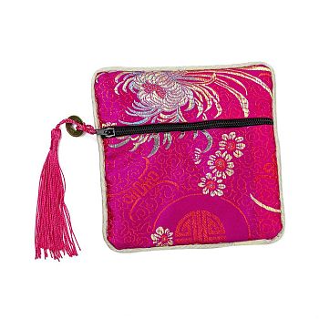 Chinese Brocade Tassel Zipper Jewelry Bag Gift Pouch, Square with Flower Pattern, Medium Violet Red, 11.5~11.8x11.5~11.8x0.4~0.5cm