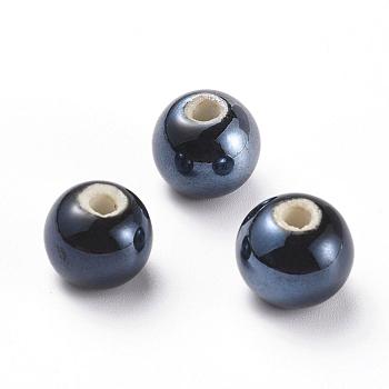 Handmade Porcelain Beads, Pearlized, Round, Black, 12mm, Hole: 2~3mm