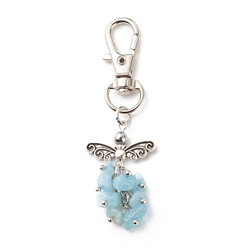 Natural Aquamarine Beaded Cluster Pendant Decorates, with Swivel Clasps, Lobster Clasp Charms, Clip-on Charms, for Keychain, Purse, Backpack Ornament, Stitch Marker, Wings, 67~68mm