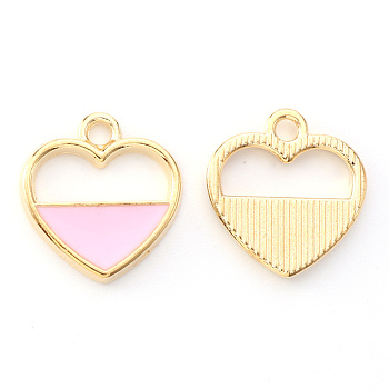 Alloy Enamel Pendants, Heart, Light Gold, Pink, 16x15x2mm, Hole: 1.8mm