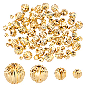 Elite 80Pcs 4 Style Brass Groove Bead, Round, Real 18K Gold Plated, 3~7x2.5~7mm, Hole: 1~1.6mm, 20pcs/style