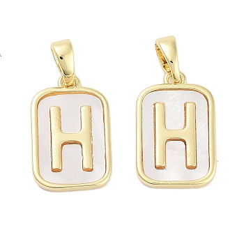 Brass Pave Natural Shell Rectangle Pendants, Letter H Charms, Real 18K Gold Plated, 16x10.5x2mm, Hole: 4.5x2mm