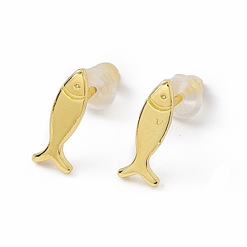 Brass Tiny Fish Stud Earrings for Women, Real 18K Gold Plated, 9.5x3.5mm, Pin: 0.8mm