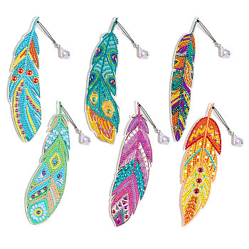 DIY Feather Bookmark with Pendant Diamond Painting Kits, with Resin Rhinestones, Sticky Pen, Tray Plate, Glue Clay, Mixed Color