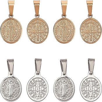 Unicraftale PVD Vacuum Plating 304 Stainless Steel Pendants, Flat Round with Saint Benedict Medal, Golden & Stainless Steel Color, 16x13x2mm, Hole: 4x6mm, 2 colors, 4pcs/color, 8pcs/box