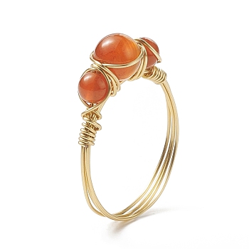Natural Carnelian Round Braided Beaded Finger Ring, Light Gold Copper Wire Wrap Jewelry for Women, Inner Diameter: 18mm