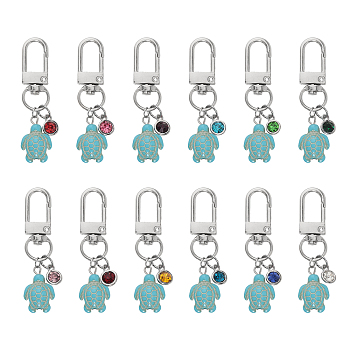 Sea Turtle Synthetic Turquoise Pendant Decorations, with Alloy Glass Rhinestone Charms and Zinc Alloy Swivel Clasps, Mixed Color, 57mm, 12 colors, 1pc/color, 12pcs/set