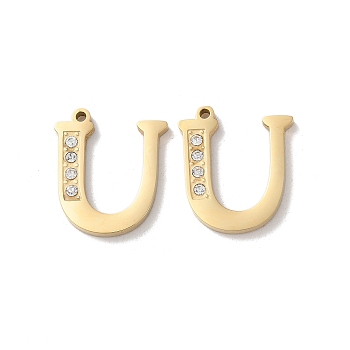 Real 14K Gold Plated 304 Stainless Steel Pendants, with Rhinestone, Letter U, 18x15.5x2mm, Hole: 1.2mm
