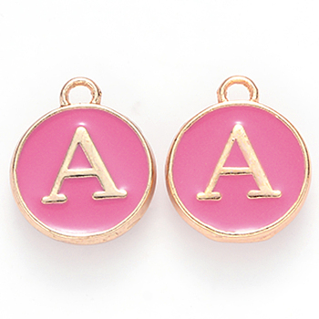 Golden Plated Alloy Enamel Charms, Cadmium Free & Lead Free, Enamelled Sequins, Flat Round with Letter, Camellia, Letter.A, 14x12x2mm, Hole: 1.5mm