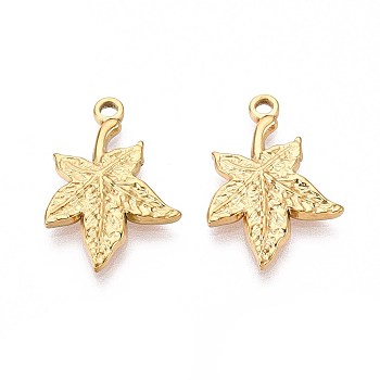 304 Stainless Steel Maple Leaf Pendants, Ion Plating(IP), Real 18K Gold Plated, 22x15x2mm, Hole: 1.6mm