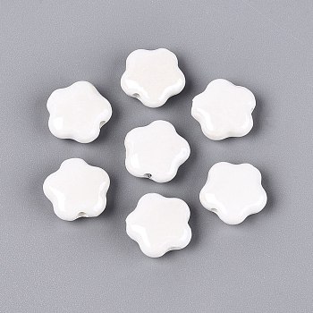 Handmade Porcelain Beads, Bright Glazed Porcelain, Flower, White, 14~15x14~15x6~7mm, Hole: 1.8~2.2mm