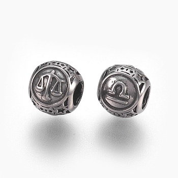 316 Surgical Stainless Steel European Beads, Large Hole Beads, Rondelle with Constellations Libra, Antique Silver, 10x9mm, Hole: 4mm
