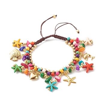 Ocean Animal Theme Braided Bead Bracelet, Synthetic Turquoise & Natural Chip Shell & Glass Beads Bracelet, Starfish & Heart & Dolphin Drop Charm Bracelet for Women, Colorful, Inner Diameter: 2~3.43 inch(5.2~8.7cm)