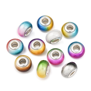 Two Tone Opaque Resin Rondelle European Beads, with Silver Tone Brass Double Cores, Large Hole Beads, Mixed Color, 14x8.5mm, Hole: 5mm