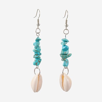 Chip Synthetic Turquoise Dangle Earrings, with Cowrie Shell and Brass Earring Hooks, Platinum, 74~76.5mm, Pin: 1mm
