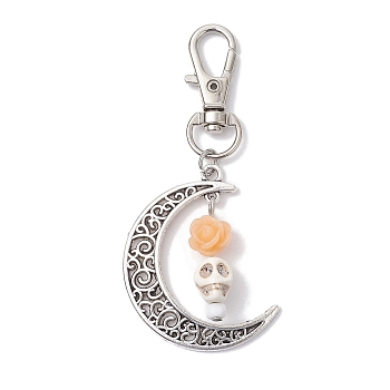 Skull Synthetic Turquoise & Resin Pendants Decorations, Alloy Hollow Moon & Swivel Clasp Charm for Bag Ornaments, Orange, 74mm