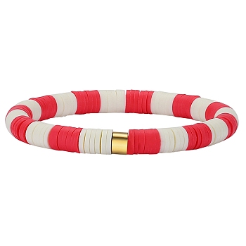 Polymer Clay Heishi Surfer Stretch Bracelet with 304 Stainless Steel Beaded, Preppy Bracelet, Red, Inner Diameter: 2 inch(5.2cm)