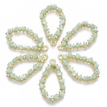 Glass Pendants, with Plastic Imitation Pearl and Light Gold Tone Alloy Findings, Teardrop, Aquamarine, 29.5x17x4mm, Hole: 1.6mm