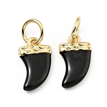Brass Enamel Charms, with Jump Rings, Cadmium Free & Lead Free, Real 18K Gold Plated, Scabbard/Tusk Shape, Black, 14.5mm, Hole: 3.3mm