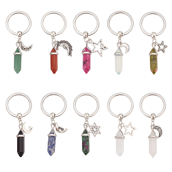 Bullet Gemstone Pendant Keychain, with Moon & Star Alloy Pendants and 304 Stainless Steel Keychain Clasp, 8cm, 10pcs/set