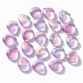 Transparent Spray Painted Glass Beads, Top Drilled Beads, with Glitter Powder, Teardrop, Violet, 12.5x10.5x5.5mm, Hole: 0.9mm