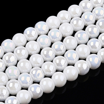 Electroplate Opaque Glass Beads Strands, AB Color Plated, Round, White, 4~4.5mm, Hole: 0.8mm, about 97~99pcs/strand, 14.76 inch~14.96 inch(37.5~38cm)