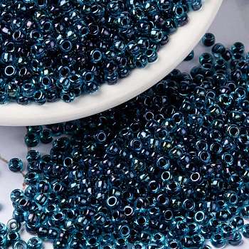 MIYUKI Round Rocailles Beads, Japanese Seed Beads, (RR347) Dark Blue Lined Aqua AB, 8/0, 3mm, Hole: 1mm, about 2111~2277pcs/50g