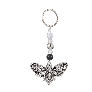 Alloy Pendant Keychain, with Iron Split Key Rings and Acrylic Beads, Moth, 8.4cm