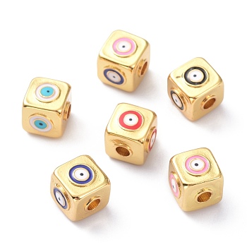 Brass Enamel Beads, Long-Lasting Plated, Cube with Eye, Mixed Color, 10x10x10mm, Hole: 3mm