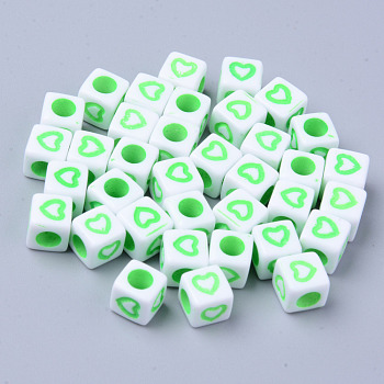 Opaque White Acrylic European Beads, Large Hole Beads, Cube with Heart, Lime, 7x7x7mm, Hole: 4mm, about 1900~2000pcs/500g