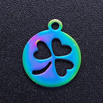 Ion Plating(IP) 201 Stainless Steel Charms, Flat Round with Clover, Rainbow Color, 14x12x1mm, Hole: 1.5mm