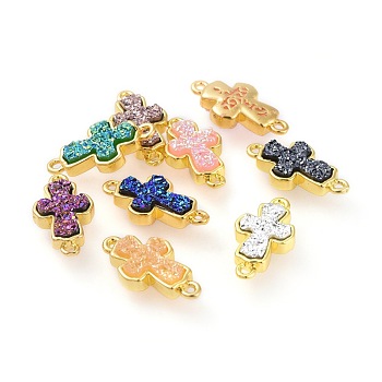 Electroplate Druzy Resin Links connectors, with Brass Findings, Cross, Golden, Mixed Color, 18.5x10x4mm, Hole: 1.2mm