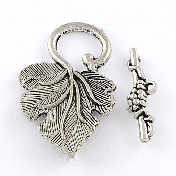 Tibetan Style Zinc Alloy Toggle Clasps, Lead Free & Cadmium Free, Antique Silver, Leaf: 37x22x2mm, Hole: 1mm, t-bar: 24.6x7.6x4.5mm, Hole: 1mm, 222sets/1000g.