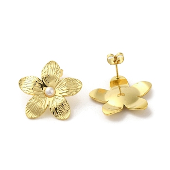 304 Stainlee Steel with Plastic Pearl Studs Earring, Flower, Real 18K Gold Plated, 24x25mm