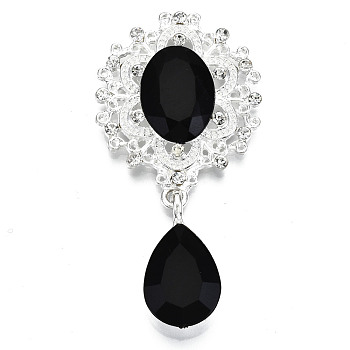 Alloy Flat Back Cabochons, with Acrylic Rhinestones, Oval and Teardrop, Silver Color Plated, Faceted, Black, 58x29x7mm, Pendant: 24.5x13x7mm