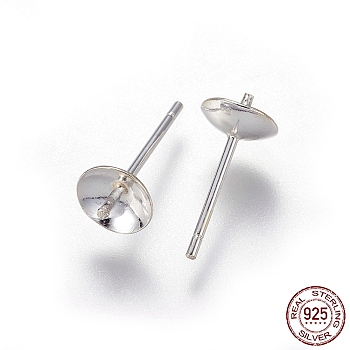 925 Sterling Silver Stud Earring Findings, For Half Drilled Beads, Silver, 13.5x6mm, Pin: 0.9mm